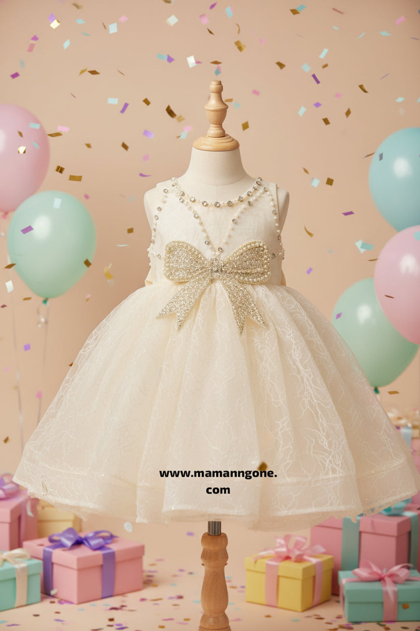Robe de Cérémonie Fille Blanche Perles Dorées