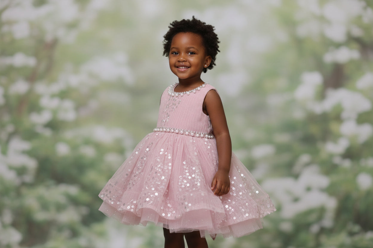 Robe de Cérémonie Rose Pâle à Paillettes et Perles