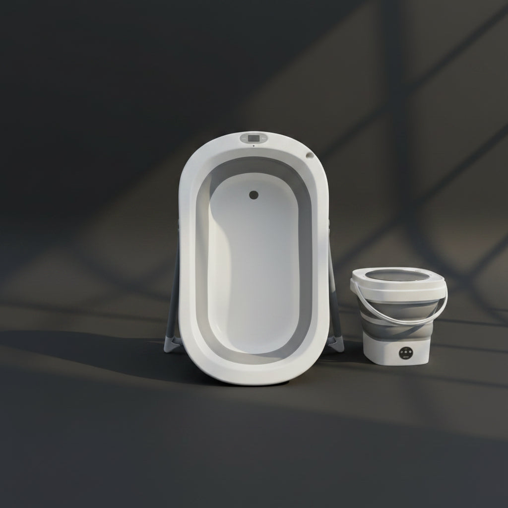 Kit Bain Bébé 6 en 1 – Baignoire Pliable, Seau, Mini Machine à Laver, Transat, Puisette & Tabouret