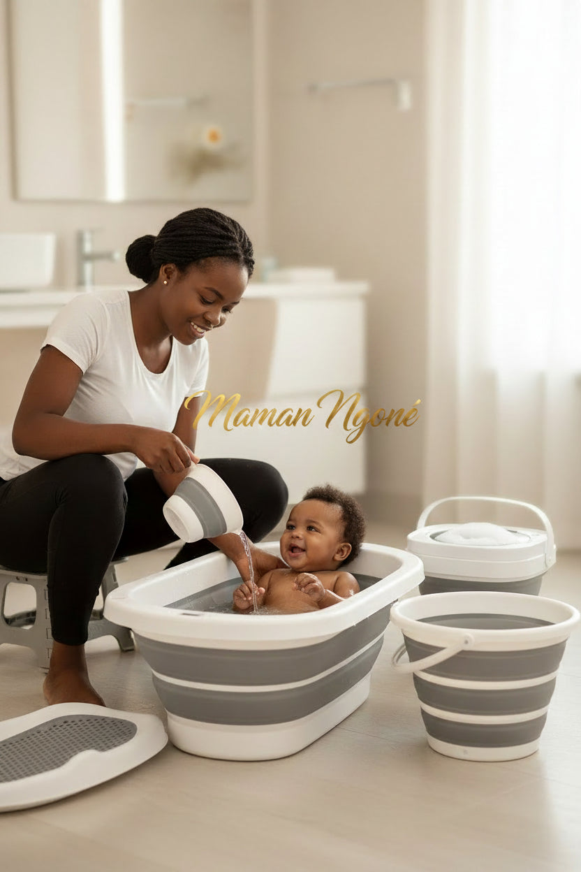 Kit Bain Bébé 6 en 1 – Baignoire Pliable, Seau, Mini Machine à Laver, Transat, Puisette & Tabouret