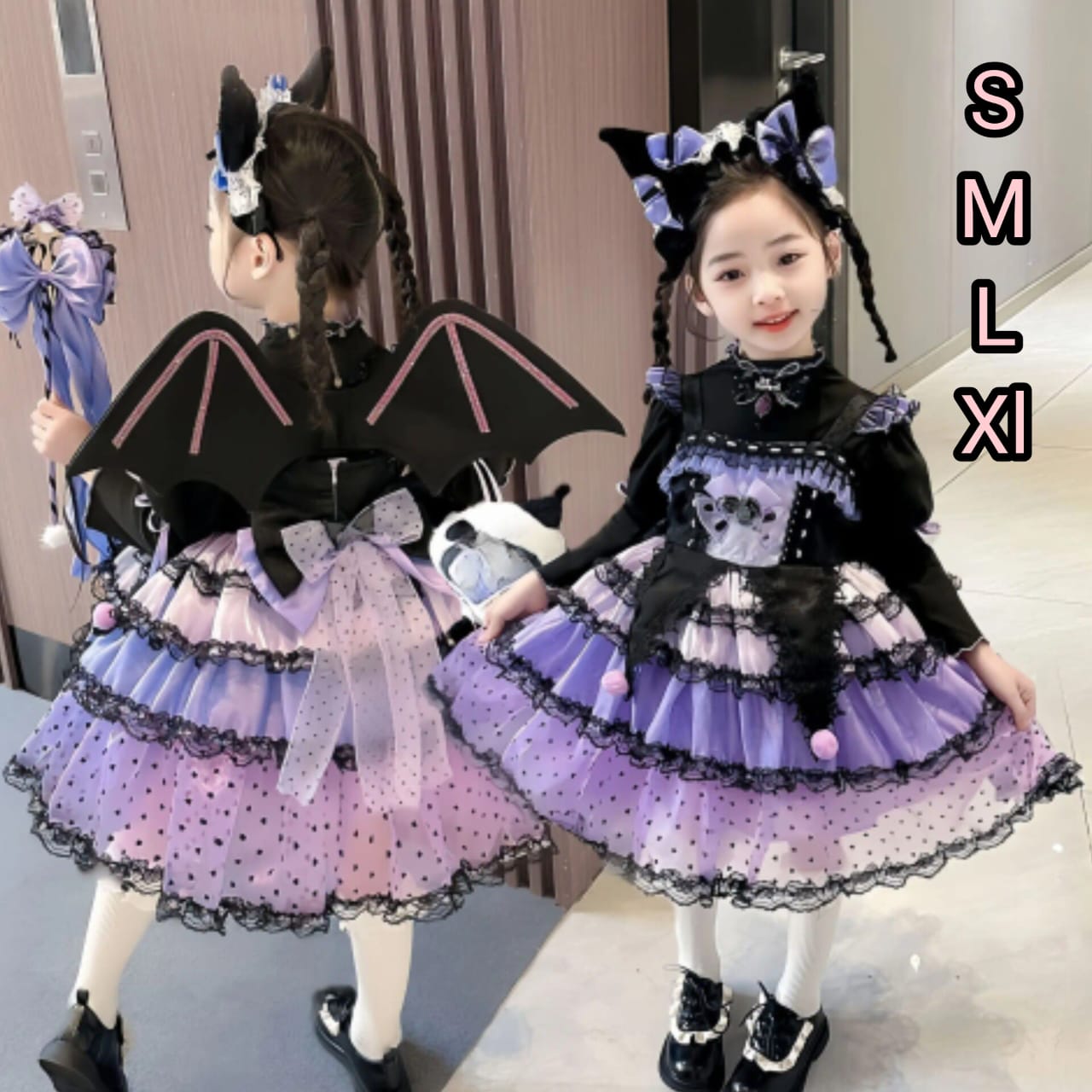 Robe Gothique Lolita Chauve-Souris Fille - Déguisement Halloween Violet et Noir mardi gras