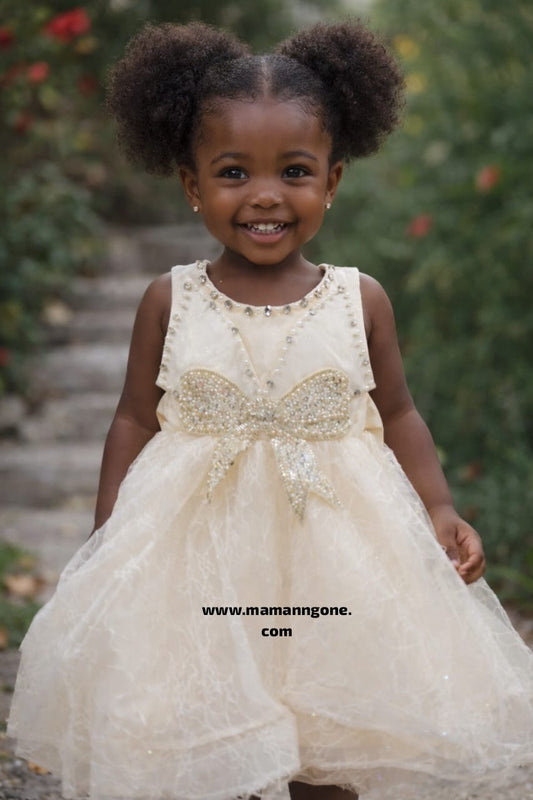 Robe de Cérémonie Fille Blanche Perles Dorées