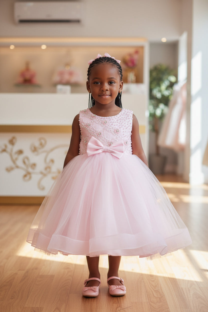 Robe de Cérémonie Rose Perlée avec Nœud Satin