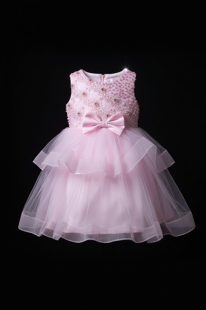 Robe de Cérémonie Rose Perlée avec Nœud Satin