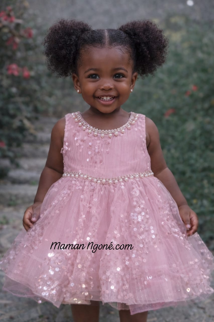 Robe de Cérémonie Rose Pâle à Paillettes et Perles