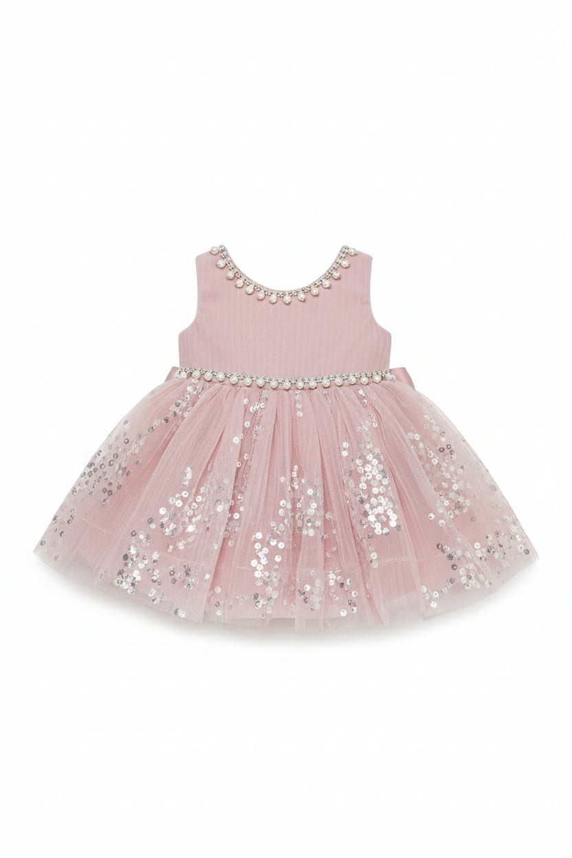 Robe de Cérémonie Rose Pâle à Paillettes et Perles