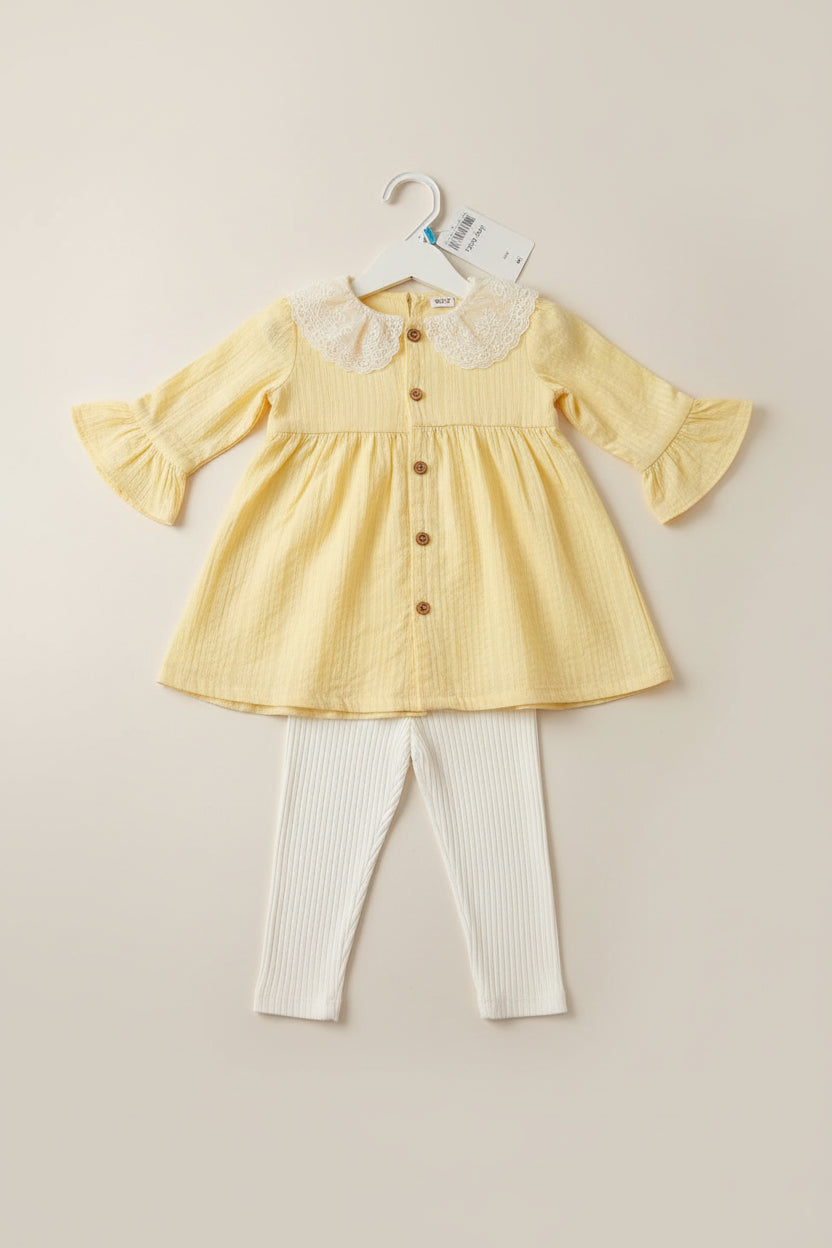 Ensemble Fille 3 Pièces Tunique Jaune, Pantalon Blanc et Bandeau