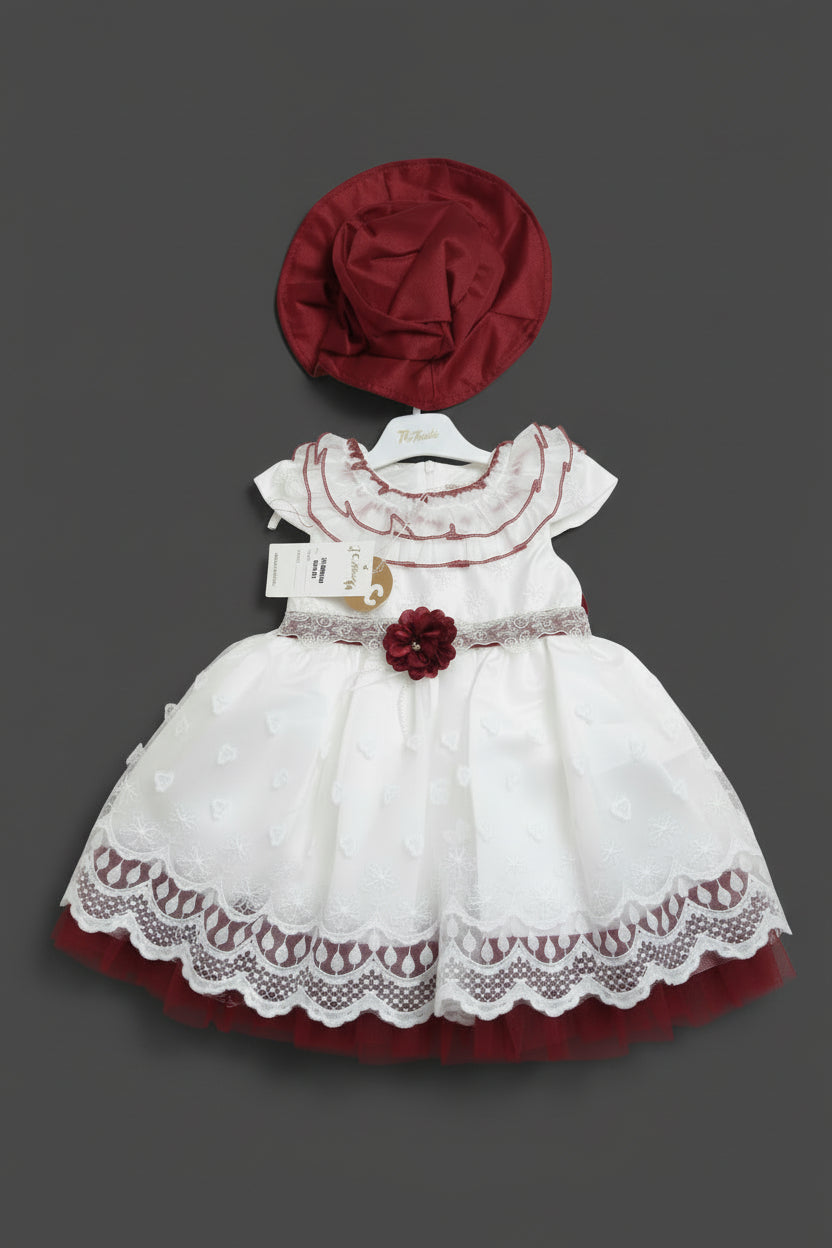 Robe de Cérémonie Blanche et Bordeaux avec Chapeau Assorti