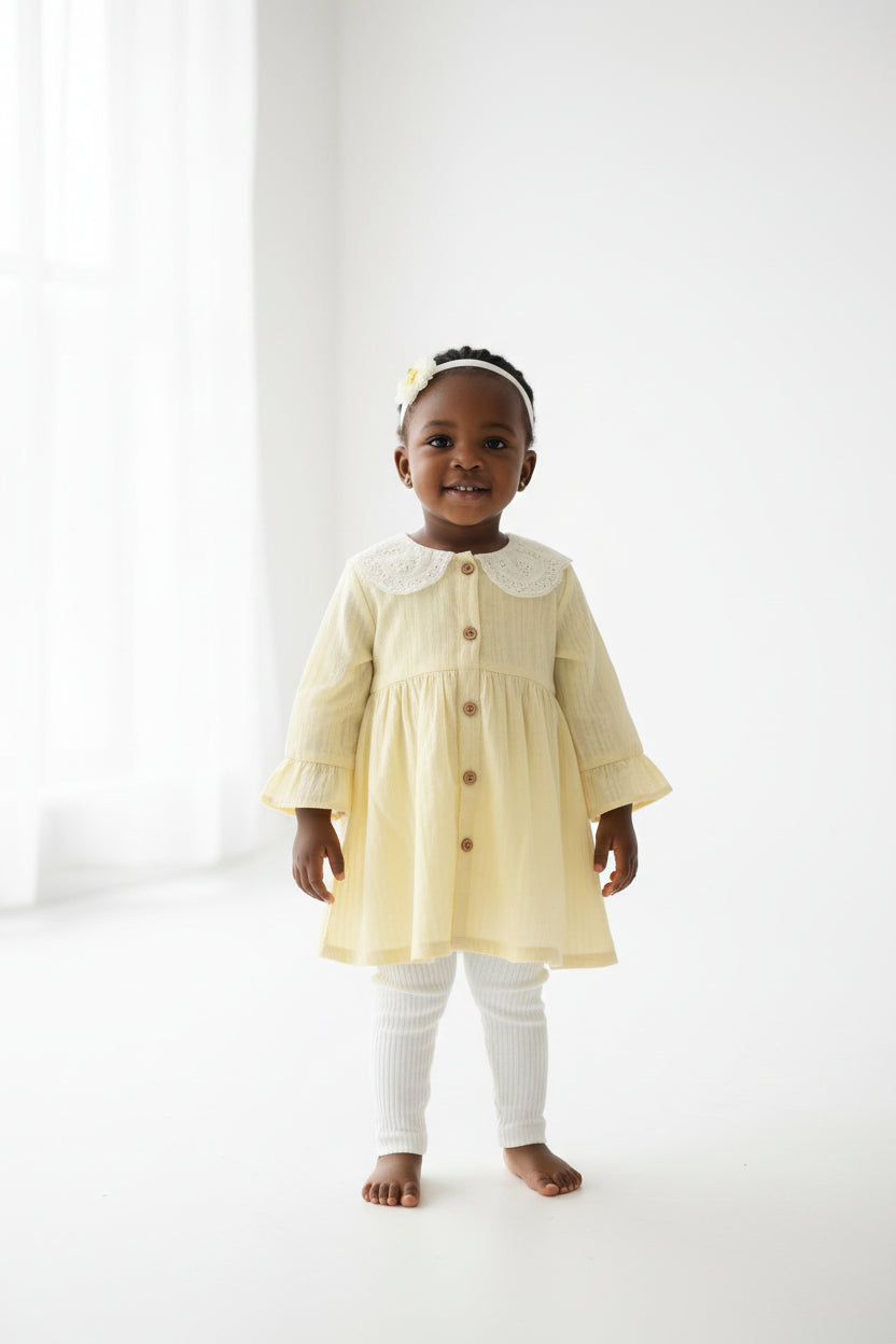 Ensemble Fille 3 Pièces Tunique Jaune, Pantalon Blanc et Bandeau