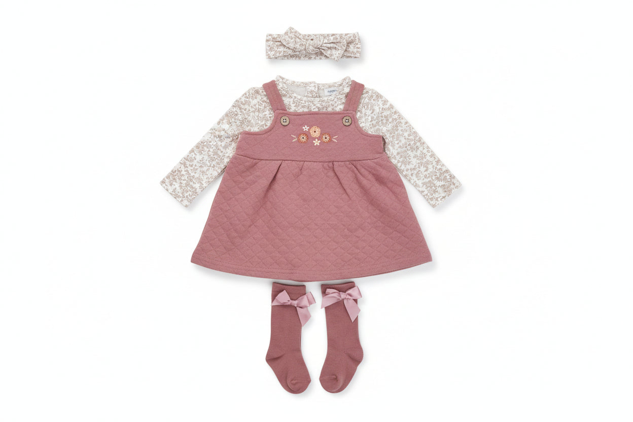 Ensemble Bébé Fille 4 Pièces Robe Rose, T-shirt Fleuri, Bandeau et Chaussettes