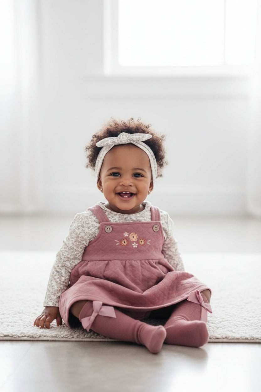 Ensemble Bébé Fille 4 Pièces Robe Rose, T-shirt Fleuri, Bandeau et Chaussettes