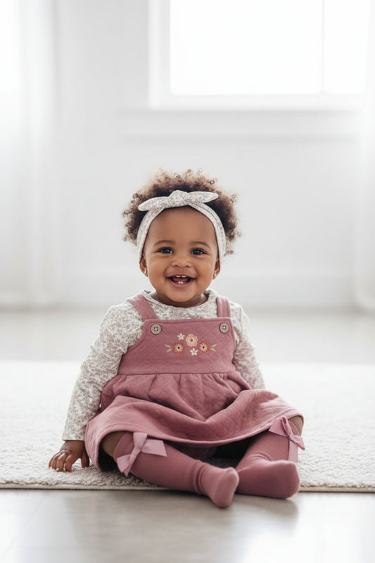 Ensemble Bébé Fille 4 Pièces Robe Rose, T-shirt Fleuri, Bandeau et Chaussettes