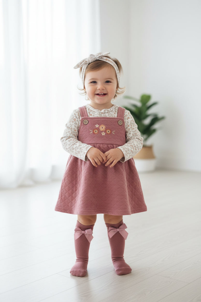 Ensemble Bébé Fille 4 Pièces Robe Rose, T-shirt Fleuri, Bandeau et Chaussettes