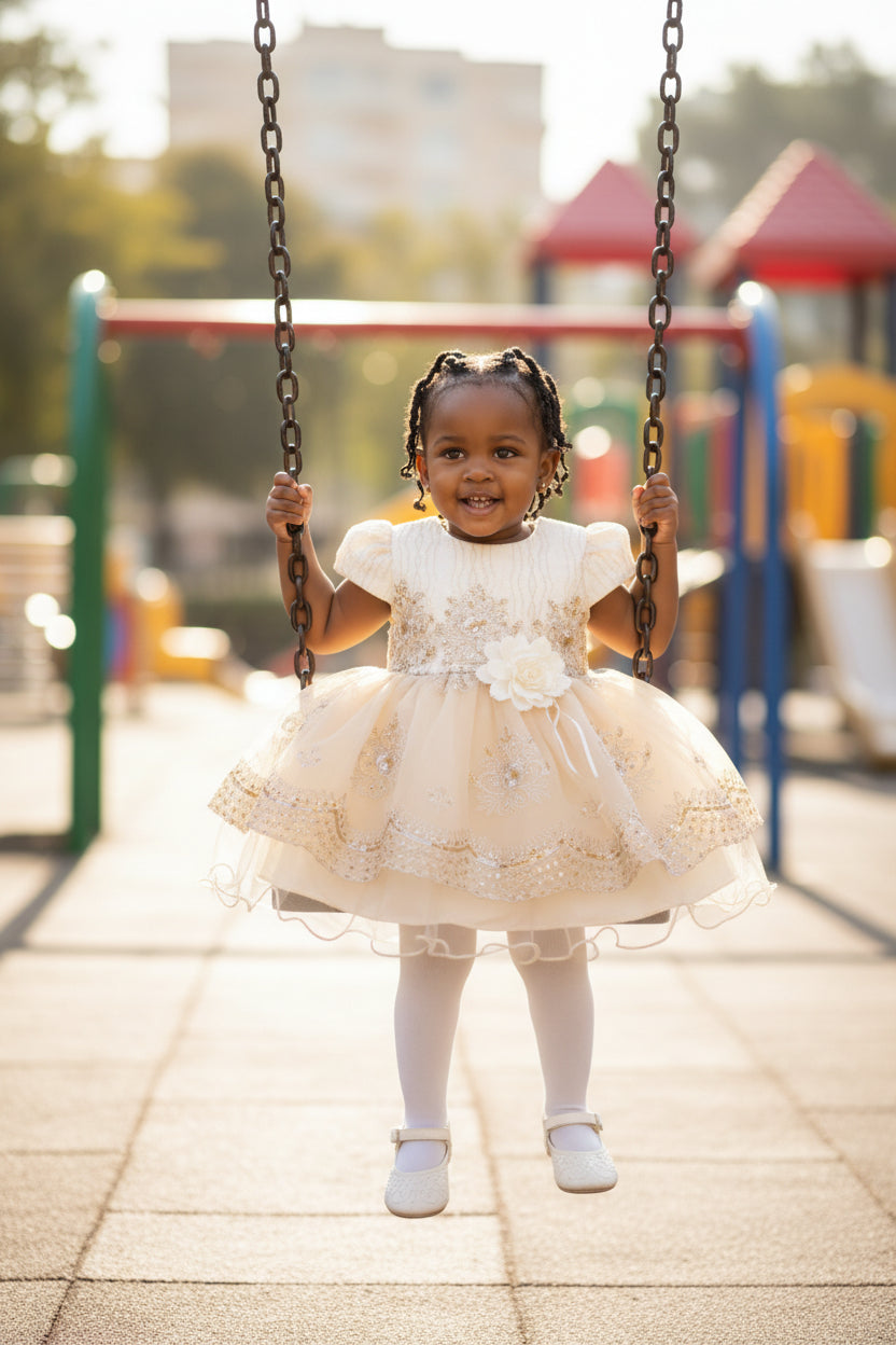 Ensemble Bébé Fille 2 Pièces Blanc Perlé Robe et Pantalon