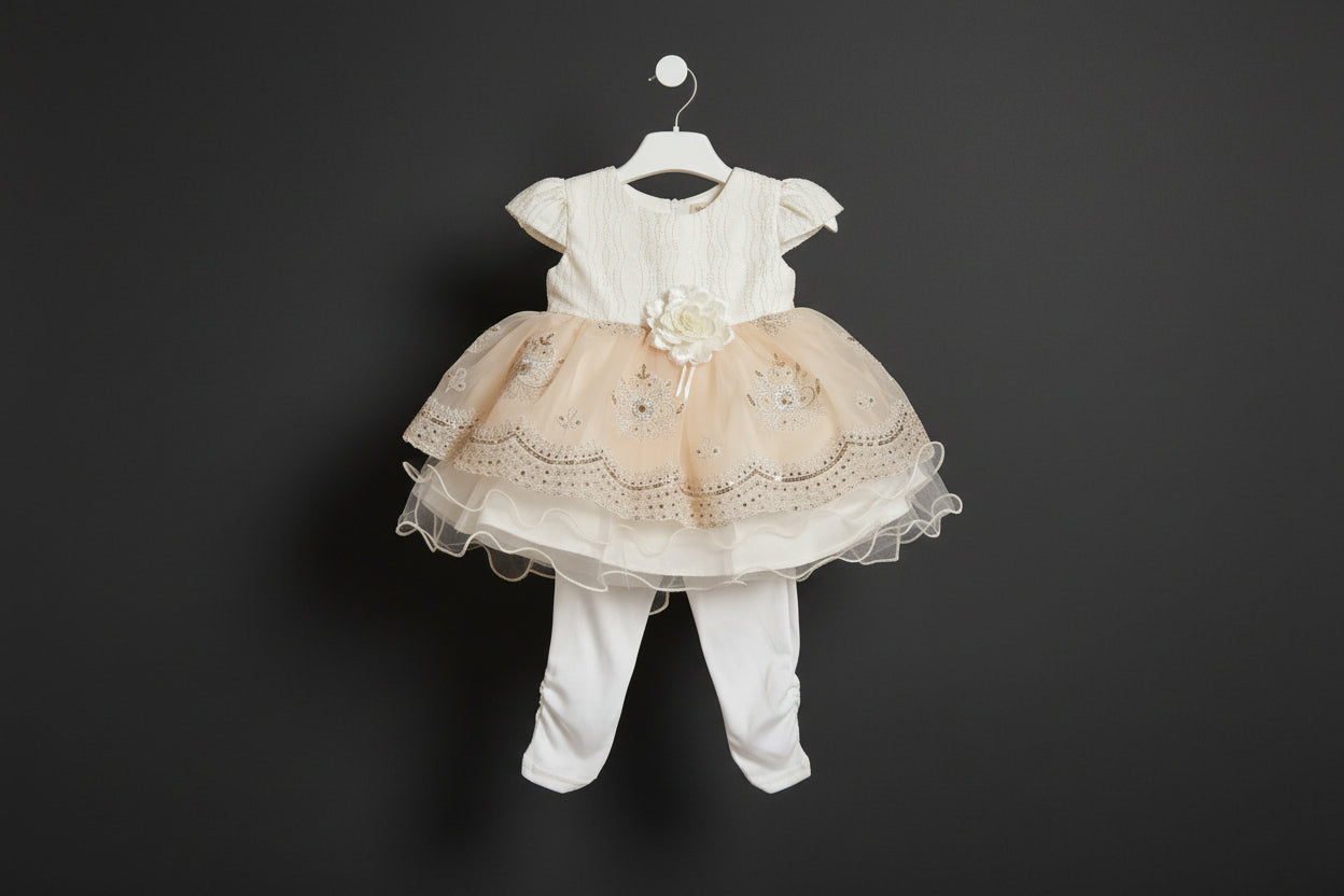 Ensemble Bébé Fille 2 Pièces Blanc Perlé Robe et Pantalon