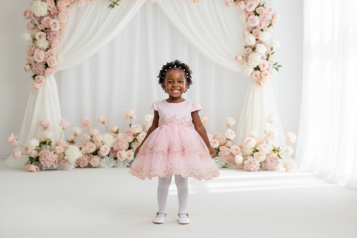 Robe de Cérémonie Fille Rose Pâle Dentelle avec Nœud