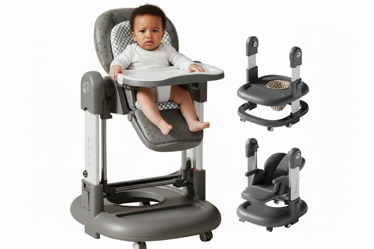 Chaise Haute Bébé 3 en 1 Évolutive – Transat, Chaise Repas & Trotteur