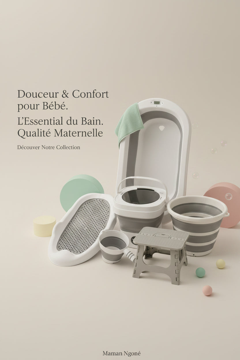 Kit Bain Bébé 6 en 1 – Baignoire Pliable, Seau, Mini Machine à Laver, Transat, Puisette & Tabouret