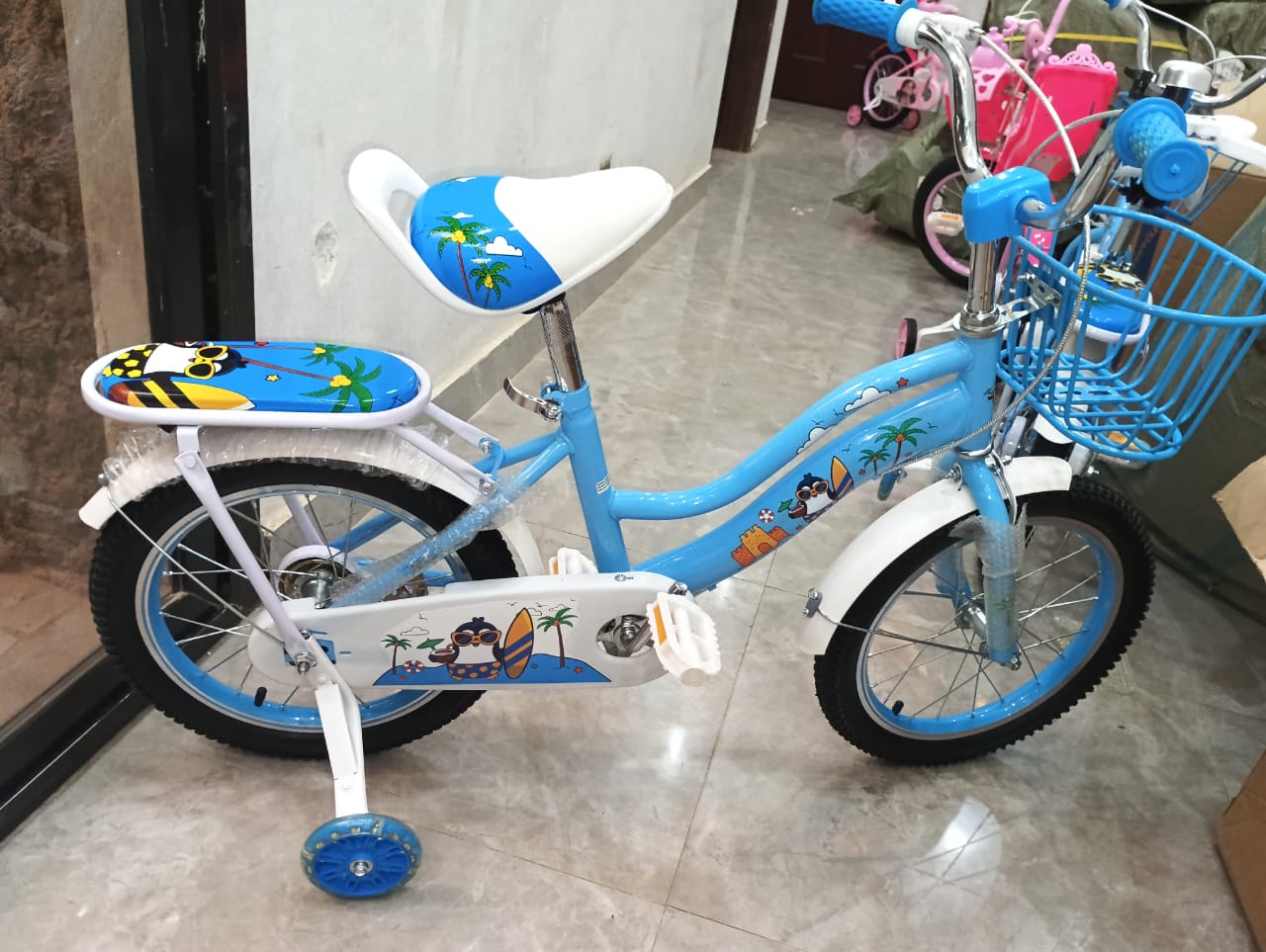 Vélo Enfant Bleu 16 Pouces avec Roues Stabilisatrices et Panier