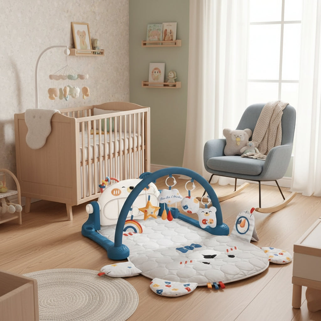 Tapis d'éveil bébé avec arche de jeux, piano musical, jouets suspendus et miroir