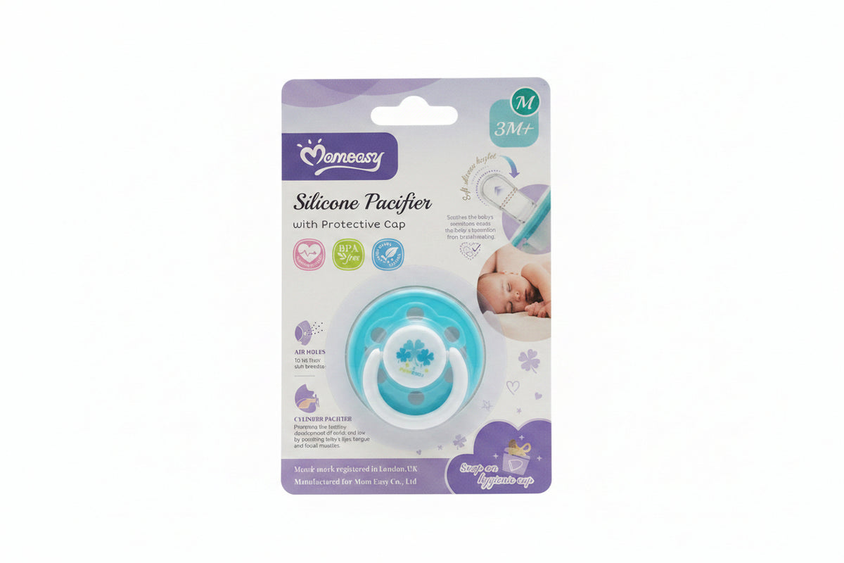 Momeasy tétine silicone avec capuchon hygiénique taille M 3m+ bleu