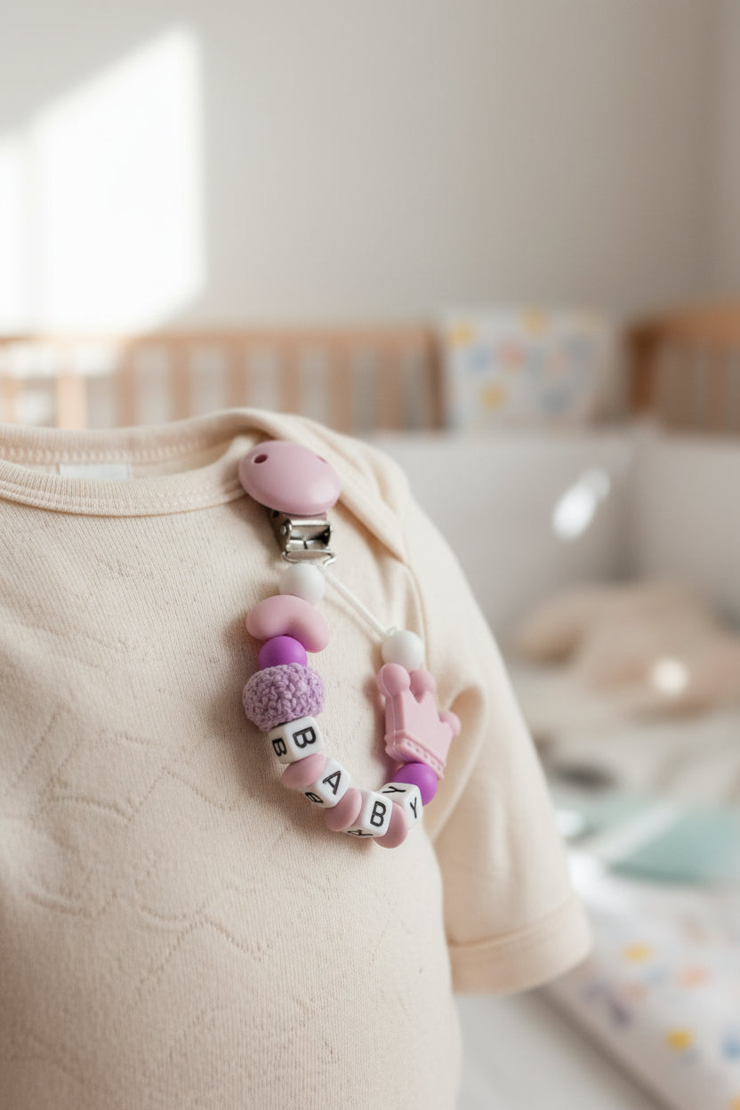 Attache-sucette Pacifier Clip perles silicone rose BABY avec couronne
